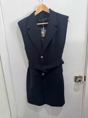 Endless Rose Navy Sleeveless Blazer Dress with Gold Button